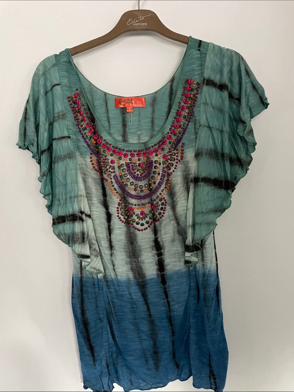 Hale Bob Teal Blue Tie-Dye Embellished Ruffle Sleeve Top NWOT S
